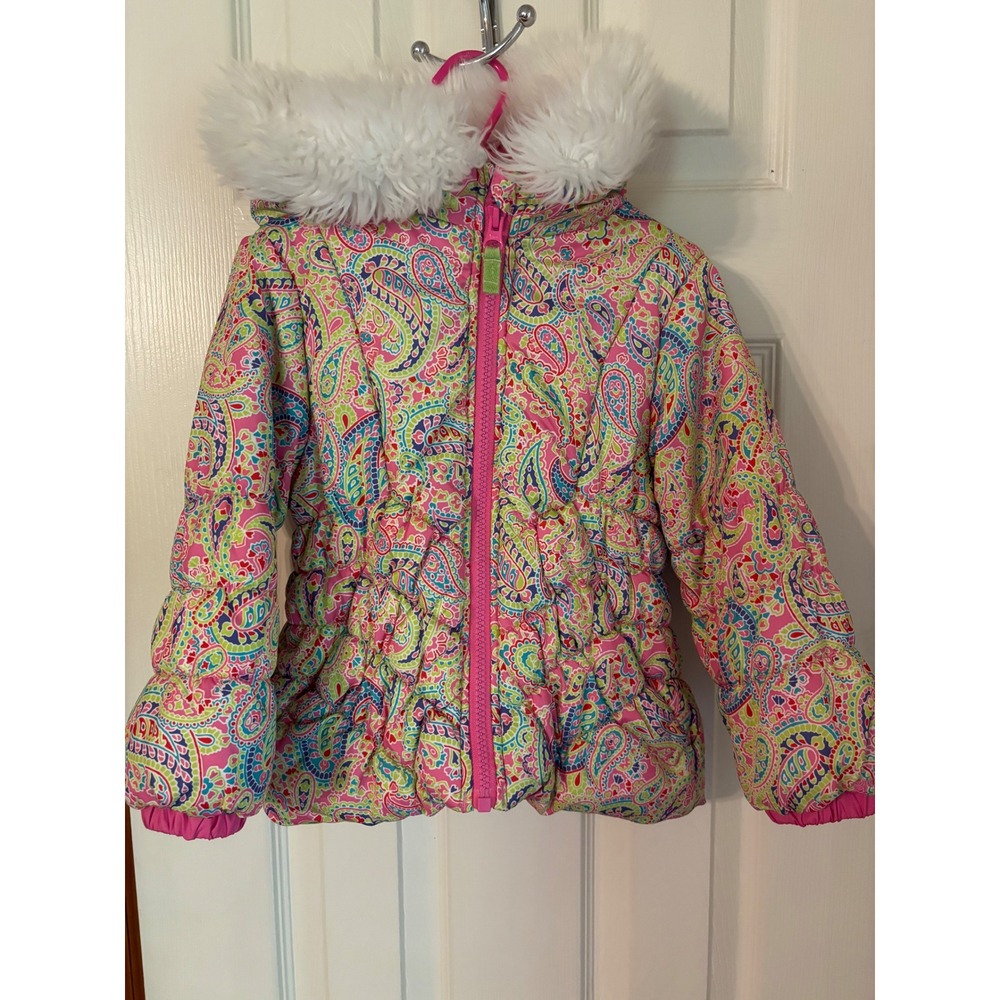 London Fog Puffer Jacket Kids 4T Pink Paisley Faux Fur Hood Good Preowned